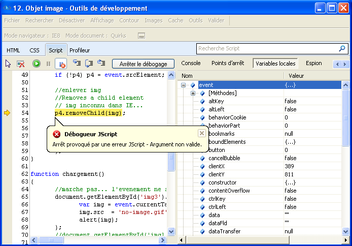 IE outil developpement debug javascript